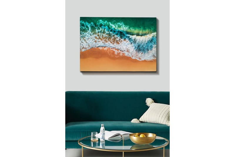 Lærredsbillede - Turkis hav med hvide bølger møder gylden sandstrand - Turkis / Hvid / Gylden - Boligtilbehør - Billeder & kunst - Billeder på lærred