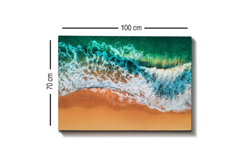 Lærredsbillede - Turkis hav med hvide bølger møder gylden sandstrand - Turkis / Hvid / Gylden - Boligtilbehør - Billeder & kunst - Billeder på lærred