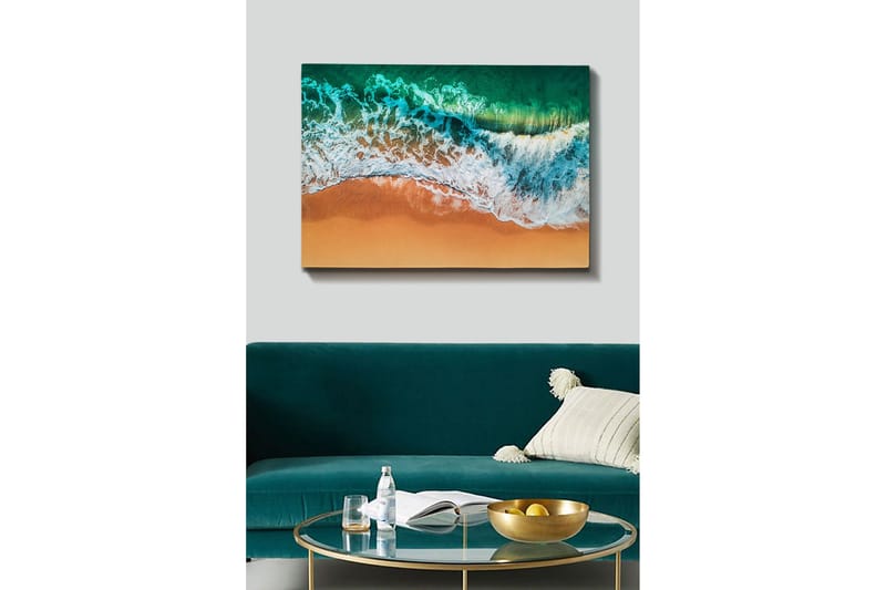 Lærredsbillede - Turkis hav med hvide bølger møder gylden sandstrand - Turkis / Hvid / Gylden - Boligtilbehør - Billeder & kunst - Billeder på lærred