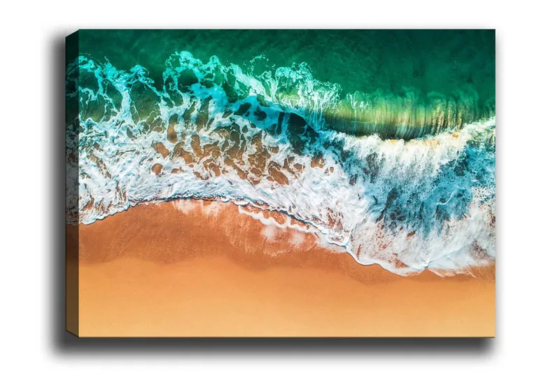 Lærredsbillede - Turkis hav med hvide bølger møder gylden sandstrand, Turkis / Hvid / Gylden