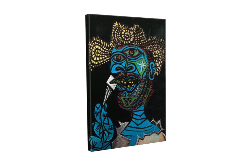 Lærredsbillede - Udtryksfuldt portræt af en mand med farverige detaljer og en dramatisk baggrund, Blå / Sort / Gul