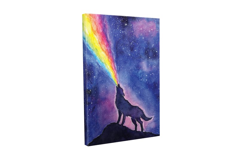 Lærredsbillede - Ulv hyler mod en farverig regnbue på nattehimlen, Mørkeblå / Lilla / Regnbuefarver
