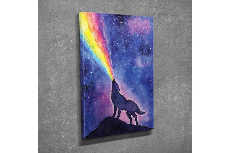 Lærredsbillede - Ulv hyler mod en farverig regnbue på nattehimlen - Mørkeblå / Lilla / Regnbuefarver - Boligtilbehør - Billeder & kunst - Billeder på lærred