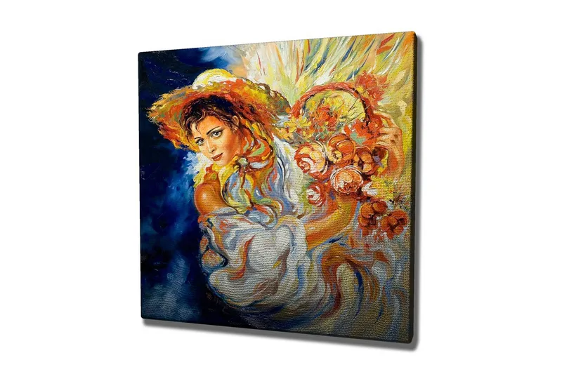 Lærredsbillede - Ung kvinde med blomster i en kurv og en stor hat, Orange / Blå / Hvid