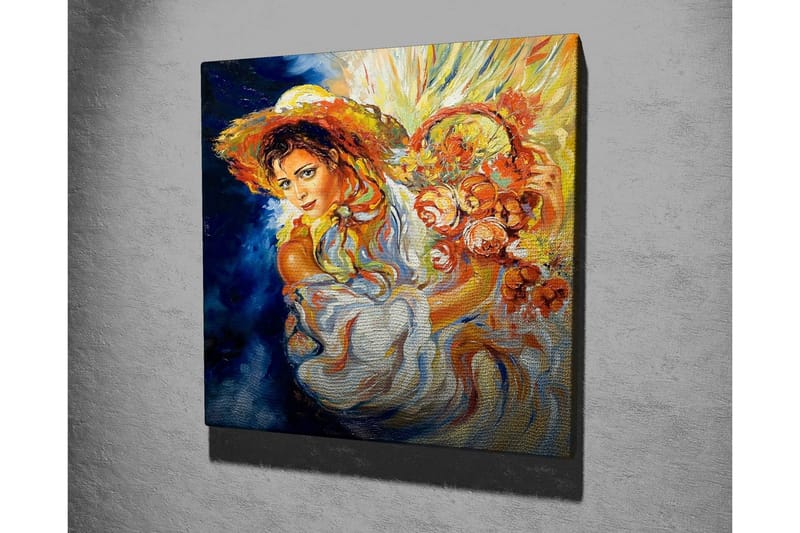 Lærredsbillede - Ung kvinde med blomster i en kurv og en stor hat - Orange / Blå / Hvid - Boligtilbehør - Billeder & kunst - Billeder på lærred