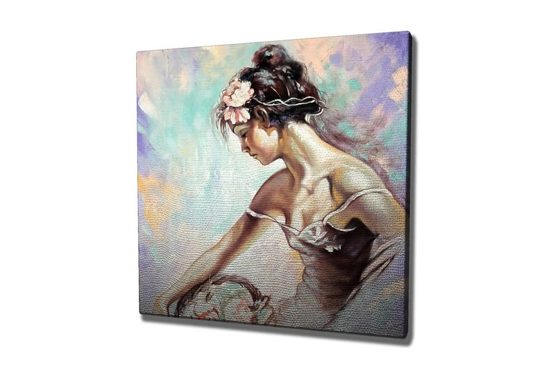 Lærredsbillede - Ung kvinde med blomster i håret lænet over en kurv, Lyseblå / Beige / Pink