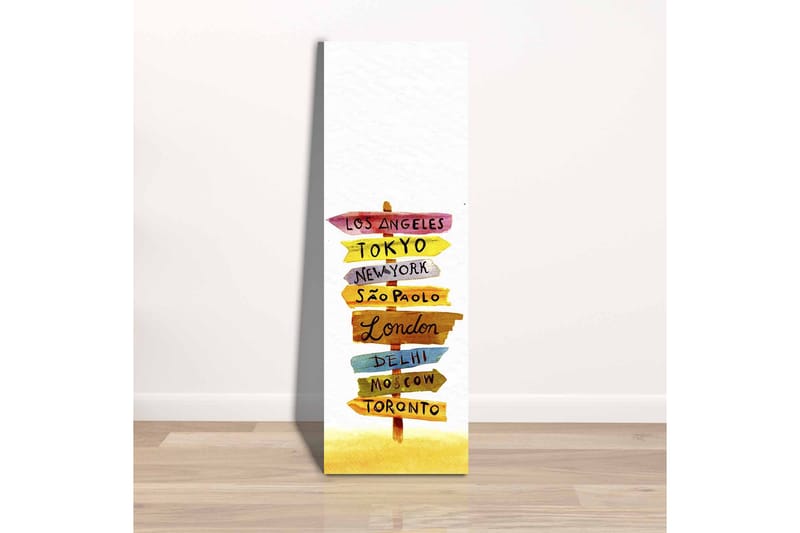 Lærredsbillede - Vejskilte med internationale byer - Gul / Lyserød / Blå - Boligtilbehør - Billeder & kunst - Billeder på lærred