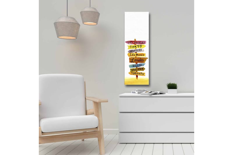 Lærredsbillede - Vejskilte med internationale byer - Gul / Lyserød / Blå - Boligtilbehør - Billeder & kunst - Billeder på lærred
