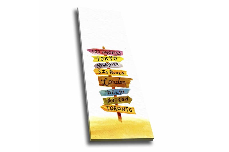 Lærredsbillede - Vejskilte med internationale byer, Gul / Lyserød / Blå