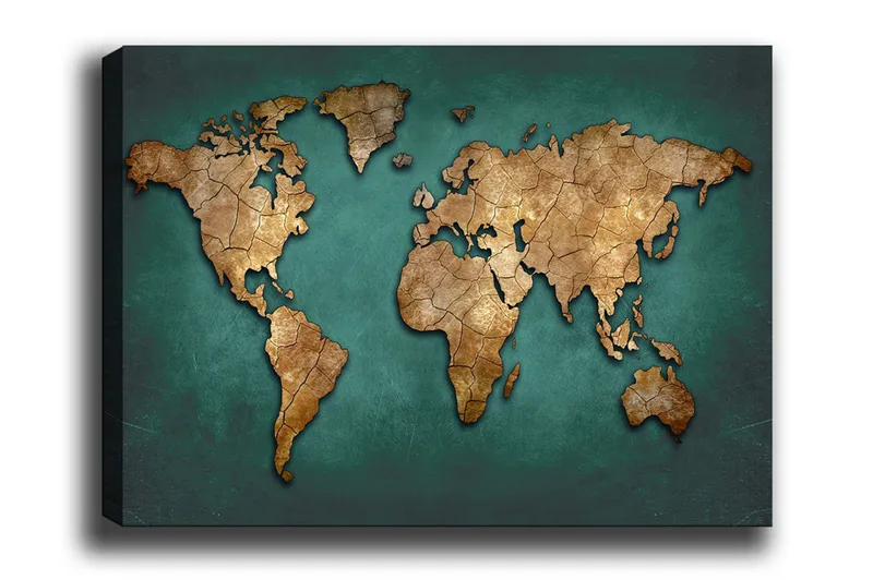 Lærredsbillede - Verdenskort i vintagestil med detaljeret tekstur, Guld / Blågrøn