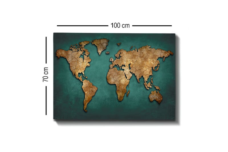 Lærredsbillede - Verdenskort i vintagestil med detaljeret tekstur - Guld / Blågrøn - Boligtilbehør - Billeder & kunst - Billeder på lærred