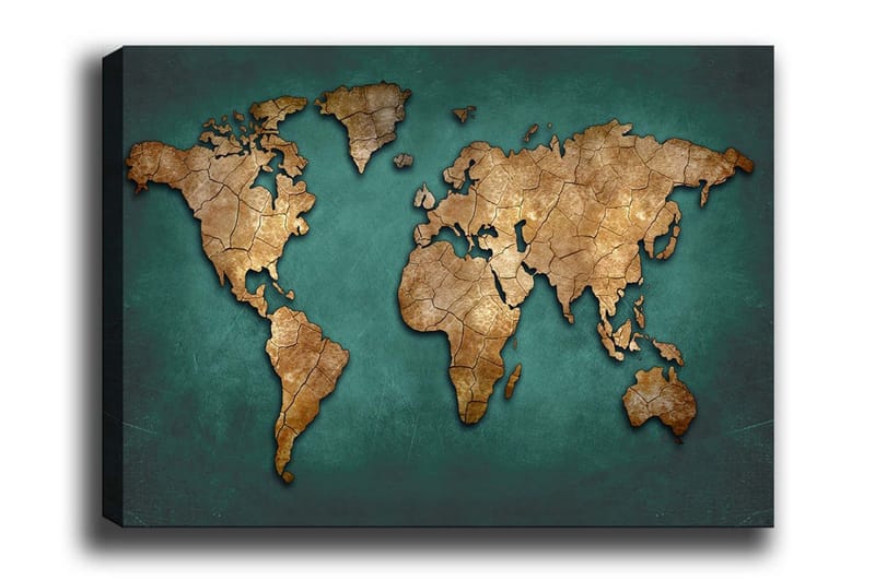 Lærredsbillede - Verdenskort i vintagestil med detaljeret tekstur, Guld / Blågrøn
