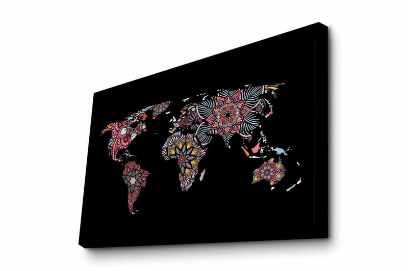 Lærredsbillede - Verdenskort med farverige blomstermønstre, Rød / Grøn / Gul