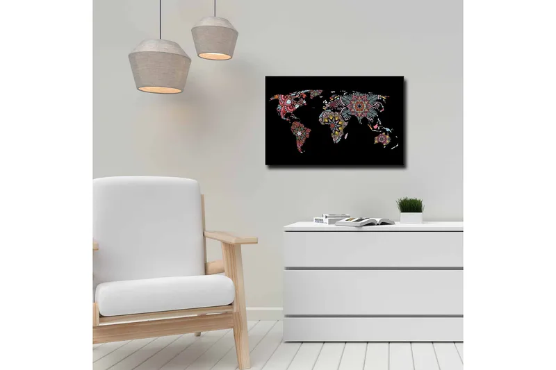Lærredsbillede - Verdenskort med farverige blomstermønstre - Rød / Grøn / Gul - Boligtilbehør - Billeder & kunst - Billeder på lærred