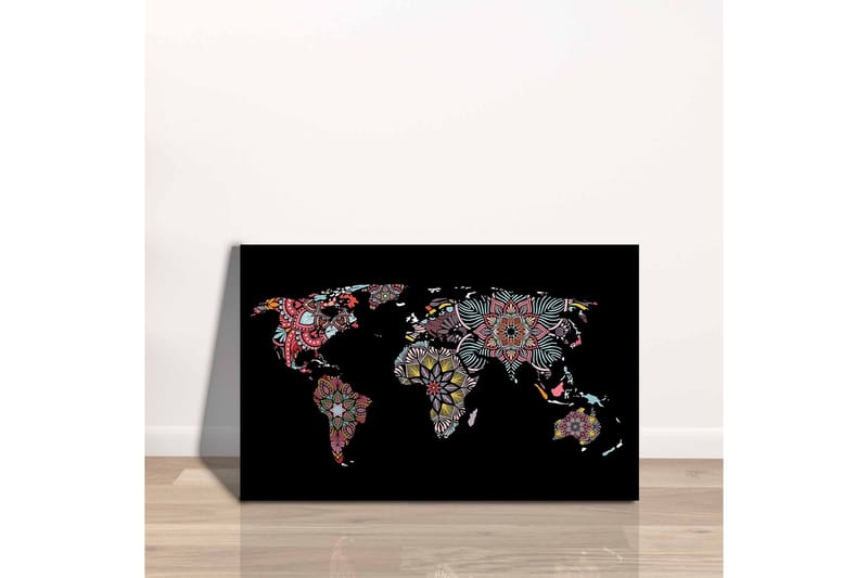 Lærredsbillede - Verdenskort med farverige blomstermønstre - Rød / Grøn / Gul - Boligtilbehør - Billeder & kunst - Billeder på lærred