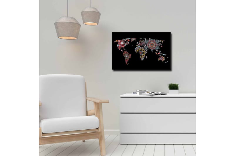 Lærredsbillede - Verdenskort med farverige blomstermønstre - Rød / Grøn / Gul - Boligtilbehør - Billeder & kunst - Billeder på lærred
