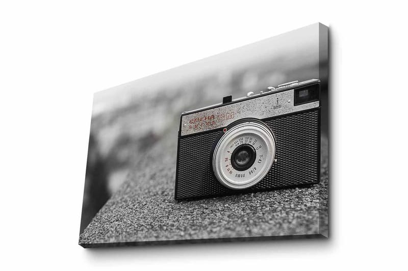 Lærredsbillede - Vintage kamera på en grå overflade, Sort / Grå / Sølv