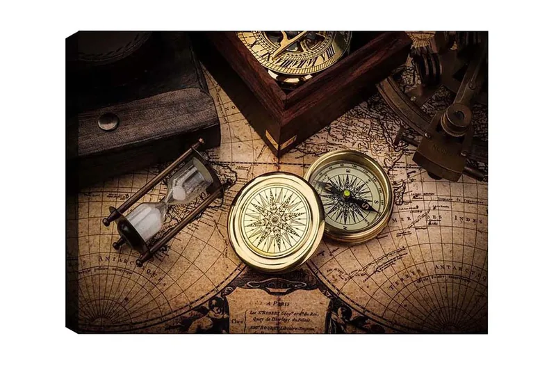 Lærredsbillede - Vintage navigationsværktøjer på et gammelt kort, Guld / Brun / Beige