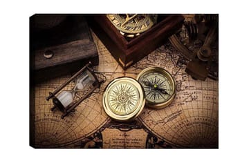 Lærredsbillede - Vintage navigationsværktøjer på et gammelt kort - Guld / Brun / Beige - Boligtilbehør - Billeder & kunst - Billeder på lærred