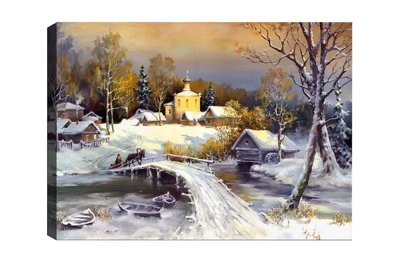 Lærredsbillede - Vinterlandskab med en bro og snedækkede huse, Hvid / Grå / Gul