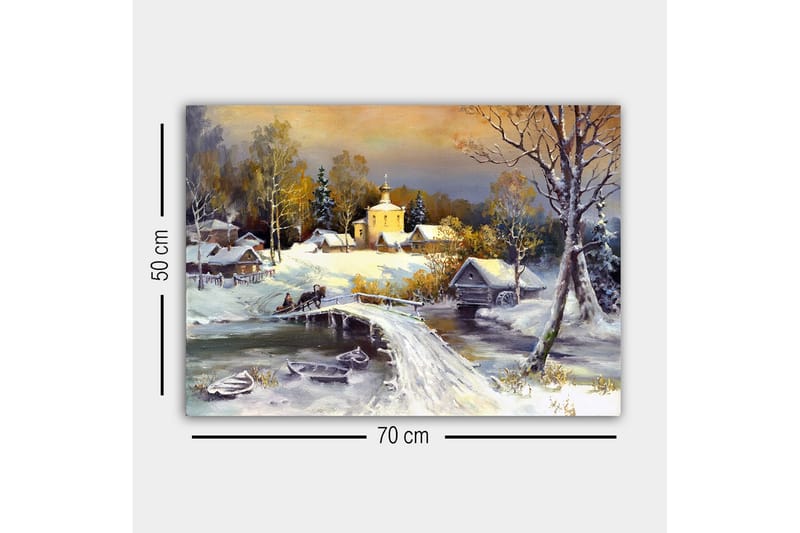 Lærredsbillede - Vinterlandskab med en bro og snedækkede huse - Hvid / Grå / Gul - Boligtilbehør - Billeder & kunst - Billeder på lærred