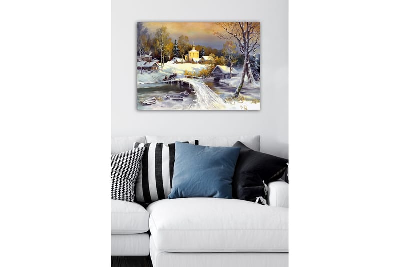 Lærredsbillede - Vinterlandskab med en bro og snedækkede huse - Hvid / Grå / Gul - Boligtilbehør - Billeder & kunst - Billeder på lærred