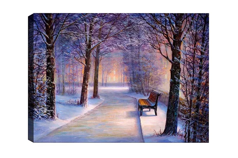 Lærredsbillede - Vinterlandskab med en ensom bænk langs en snedækket vej, Lilla / Hvid / Brun