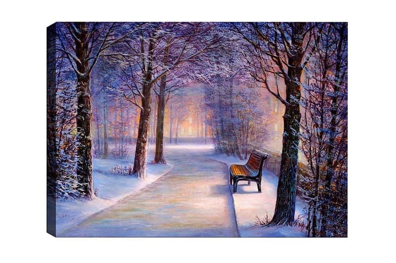 Lærredsbillede - Vinterlandskab med en ensom bænk langs en snedækket vej, Lilla / Hvid / Brun
