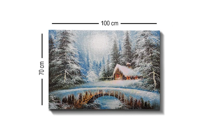 Lærredsbillede - Vinterlandskab med et sommerhus og snedækkede træer - Blå / Hvid / Brun - Boligtilbehør - Billeder & kunst - Billeder på lærred
