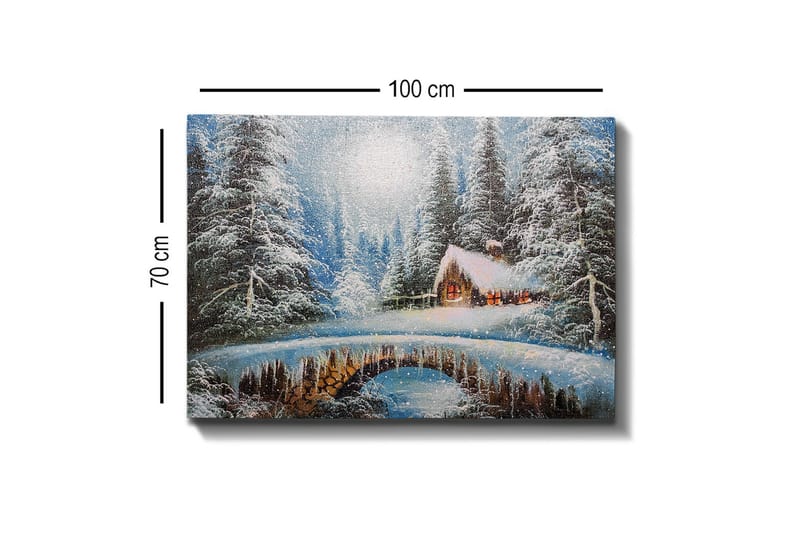 Lærredsbillede - Vinterlandskab med et sommerhus og snedækkede træer - Blå / Hvid / Brun - Boligtilbehør - Billeder & kunst - Billeder på lærred