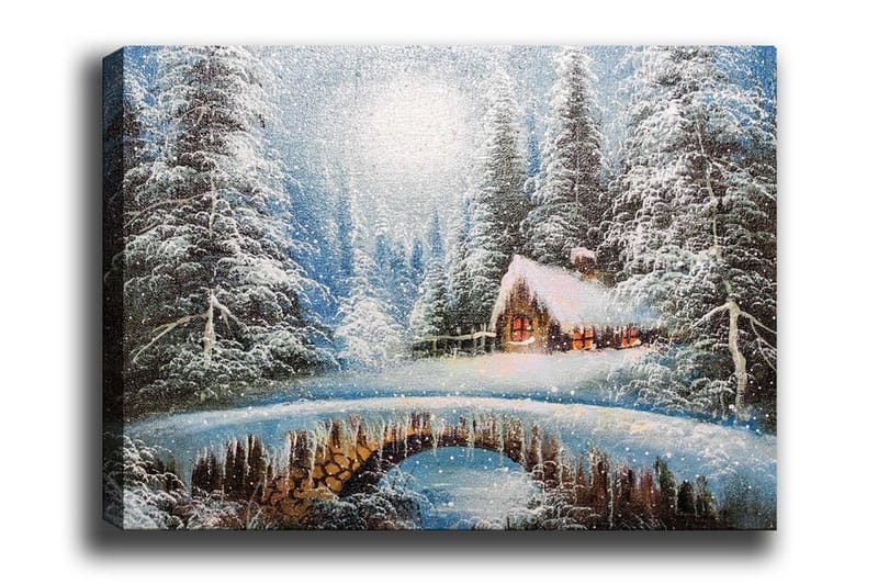 Lærredsbillede - Vinterlandskab med et sommerhus og snedækkede træer, Blå / Hvid / Brun