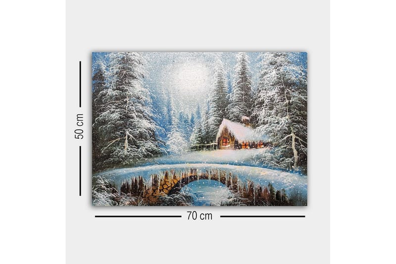Lærredsbillede - Vinterlandskab med et sommerhus og snedækkede træer - Hvid / Blå / Brun - Boligtilbehør - Billeder & kunst - Billeder på lærred
