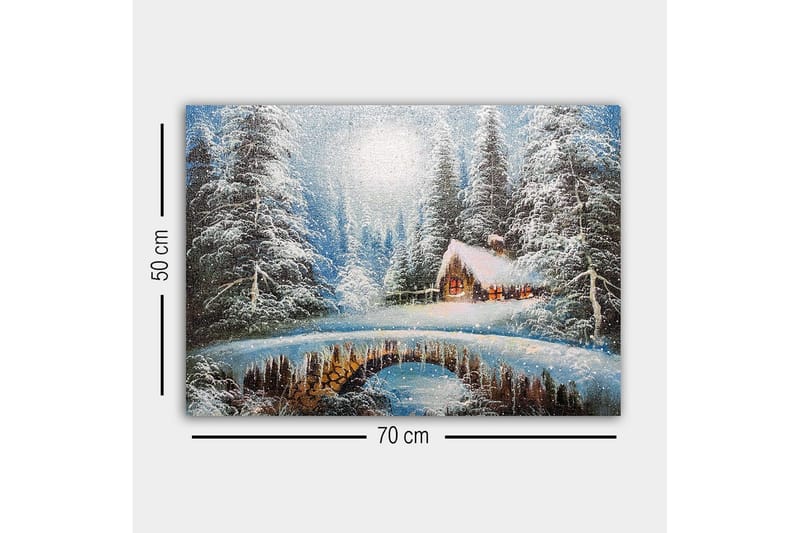 Lærredsbillede - Vinterlandskab med et sommerhus og snedækkede træer - Hvid / Blå / Brun - Boligtilbehør - Billeder & kunst - Billeder på lærred