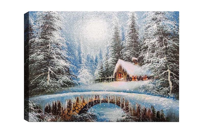 Lærredsbillede - Vinterlandskab med et sommerhus og snedækkede træer, Hvid / Blå / Brun