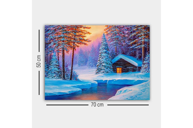 Lærredsbillede - Vinterlandskab med et sommerhus omgivet af snedækkede træer - Blå / Hvid / Lilla - Boligtilbehør - Billeder & kunst - Billeder på lærred