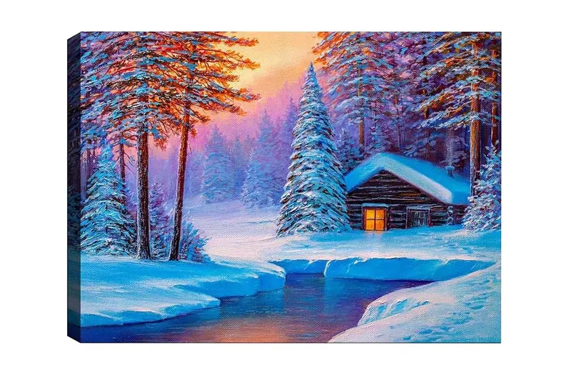 Lærredsbillede - Vinterlandskab med et sommerhus omgivet af snedækkede træer, Blå / Hvid / Lilla