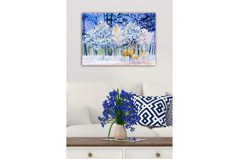 Lærredsbillede - Vinterlandskab med hjorte og snedækkede træer - Blå / Hvid / Beige - Boligtilbehør - Billeder & kunst - Billeder på lærred