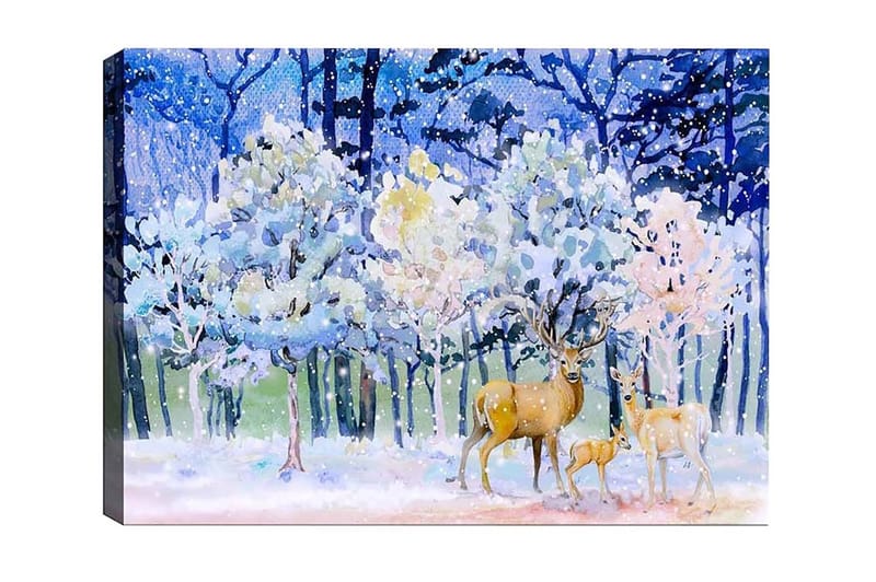 Lærredsbillede - Vinterlandskab med hjorte og snedækkede træer, Blå / Hvid / Beige