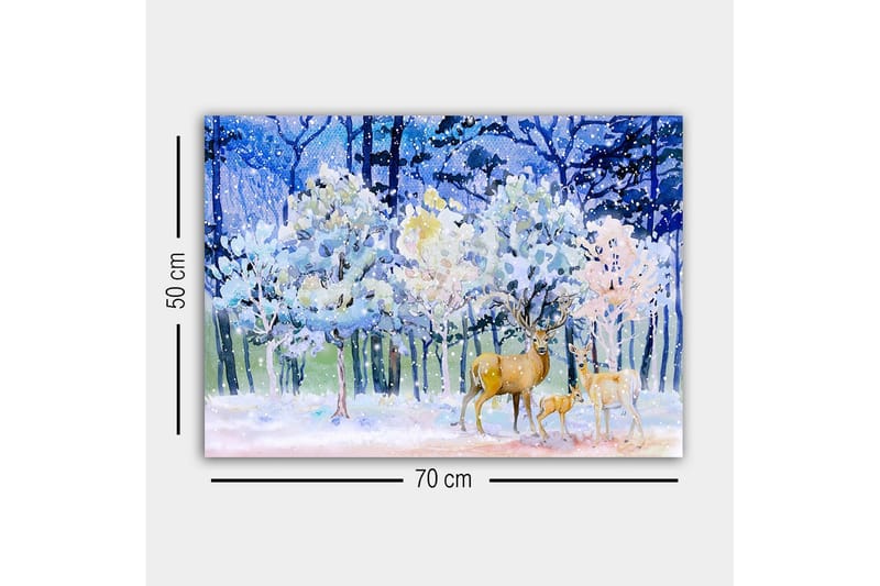 Lærredsbillede - Vinterlandskab med hjorte og snedækkede træer - Blå / Hvid / Beige - Boligtilbehør - Billeder & kunst - Billeder på lærred