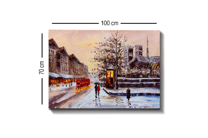 Lærredsbillede - Vinterlandskab med snedækkede bygninger og en rød bus - Rød / Grå / Hvid - Boligtilbehør - Billeder & kunst - Billeder på lærred