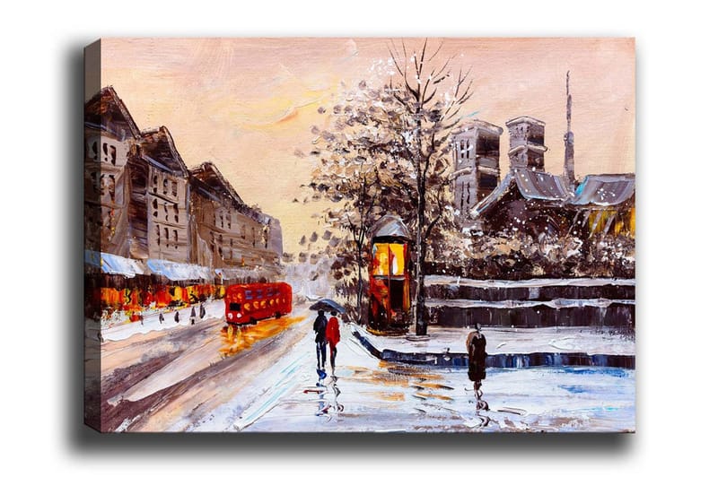 Lærredsbillede - Vinterlandskab med snedækkede bygninger og en rød bus, Rød / Grå / Hvid