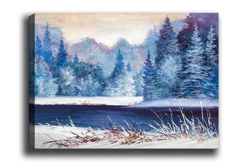 Lærredsbillede - Vinterlandskab med snedækkede træer og en frossen sø, Blå / Hvid / Lilla