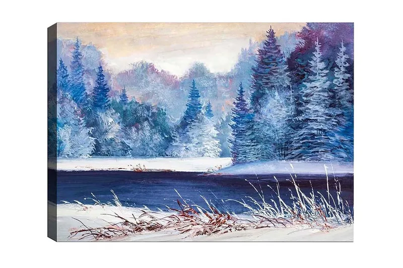 Lærredsbillede - Vinterlandskab med snedækkede træer og en spejlblank sø, Blå / Hvid / Mørkegrøn