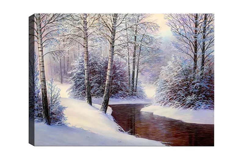 Lærredsbillede - Vinterlandskab med snedækkede træer og en stille bæk, Hvid / Blå / Brun