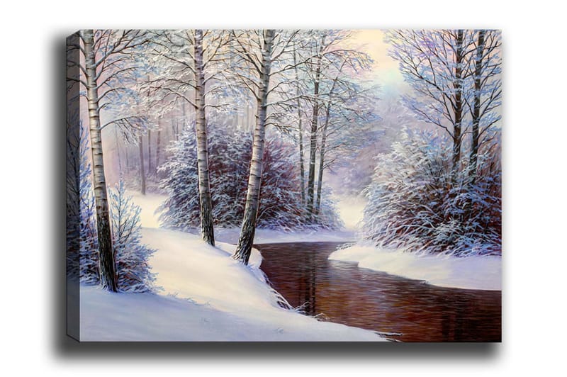 Lærredsbillede - Vinterlandskab med snedækkede træer og en stille bæk, Hvid / Blå / Brun