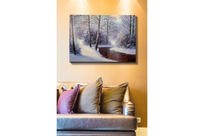 Lærredsbillede - Vinterlandskab med snedækkede træer og en stille bæk - Hvid / Blå / Brun - Boligtilbehør - Billeder & kunst - Billeder på lærred