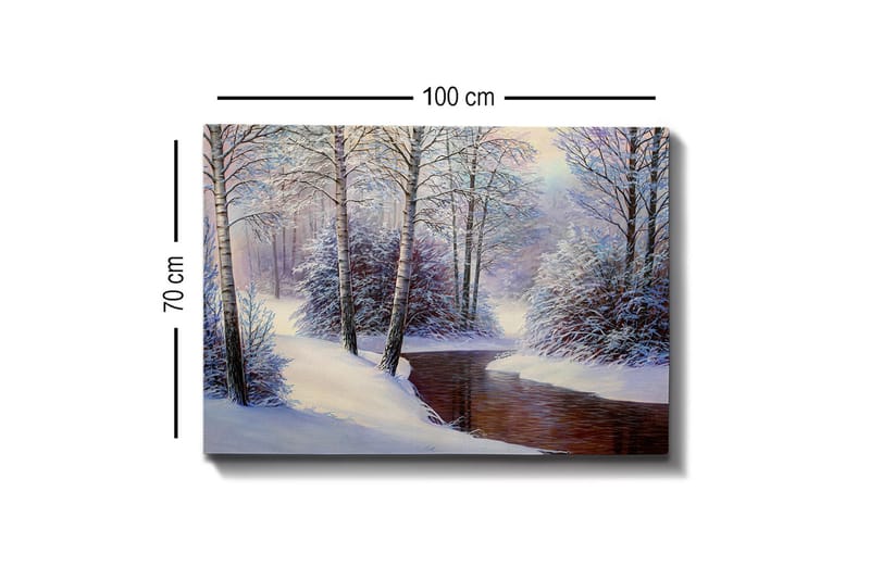 Lærredsbillede - Vinterlandskab med snedækkede træer og en stille bæk - Hvid / Blå / Brun - Boligtilbehør - Billeder & kunst - Billeder på lærred