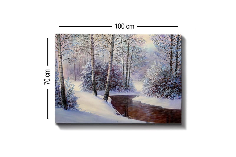 Lærredsbillede - Vinterlandskab med snedækkede træer og en stille bæk - Hvid / Blå / Brun - Boligtilbehør - Billeder & kunst - Billeder på lærred