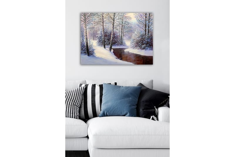 Lærredsbillede - Vinterlandskab med snedækkede træer og en stille bæk - Hvid / Blå / Brun - Boligtilbehør - Billeder & kunst - Billeder på lærred