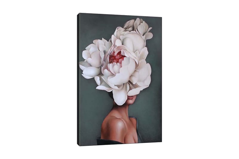 Lærredsbillede - Portræt af en kvinde med en stor krans af hvide pæoner, der dækker hendes hoved, Hvid / Mørkegrøn / Lyserød